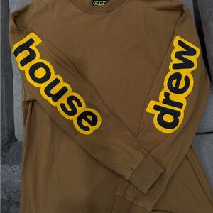 drew house Men's Brown Long Sleeve Tee with Yellow Lettering